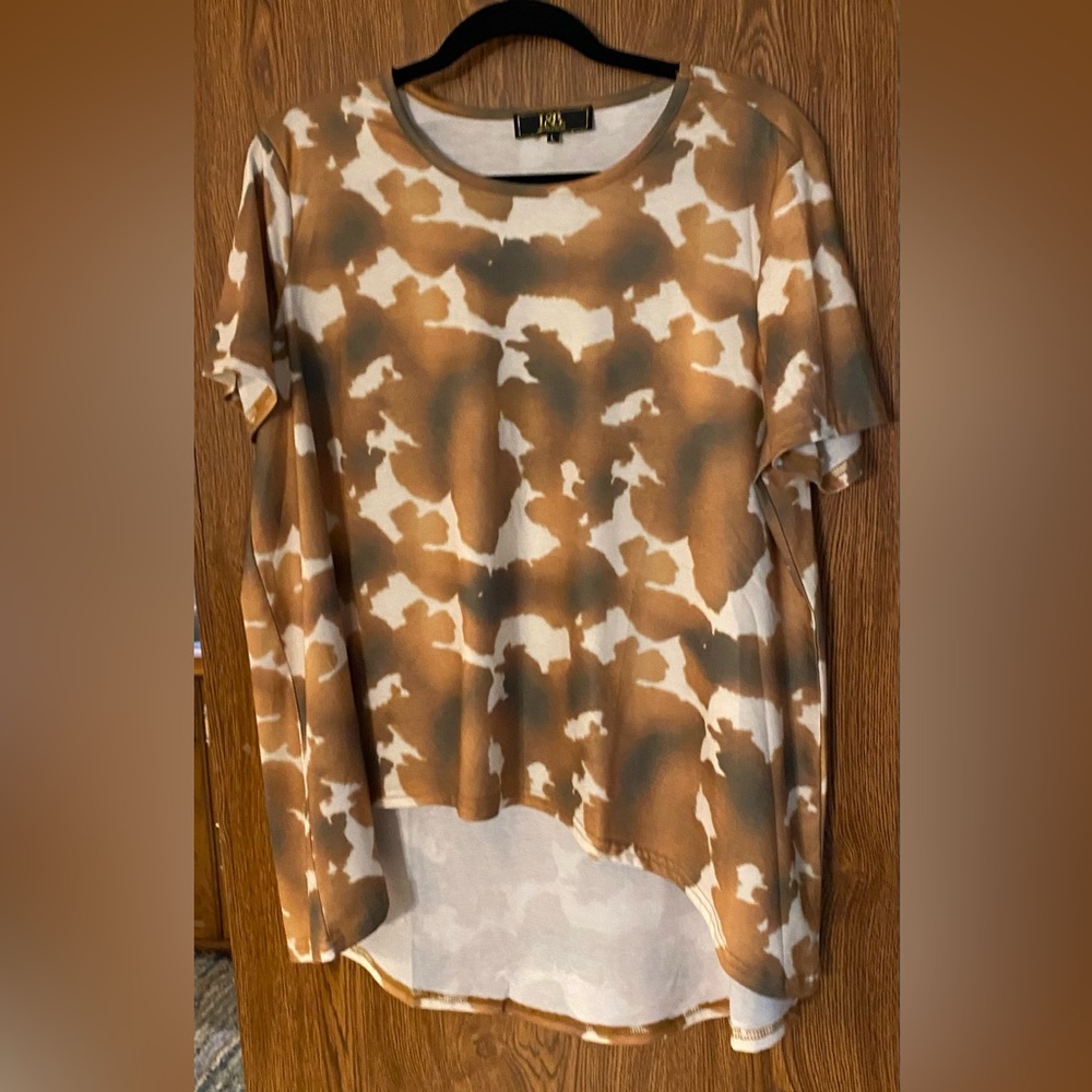 L&B (lucky & Blessed) womens top.  Size large.  Cow print. asymmetrical.